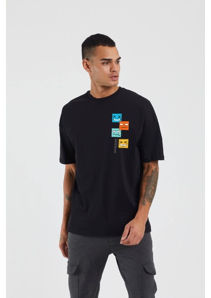 Unisex Colourful Faces Baskılı Siyah Oversize Tshirt