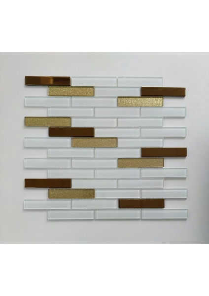 Mutfak Tezgah Arası ve Iç Dekorasyon Için 20X98X4 Mm, 30 cm Fileli, Beyaz & Gold Mix Kristal Cam Mozaik. ( 1 Koli = 11 File Karo = 1 m2 Fiyatıdır )