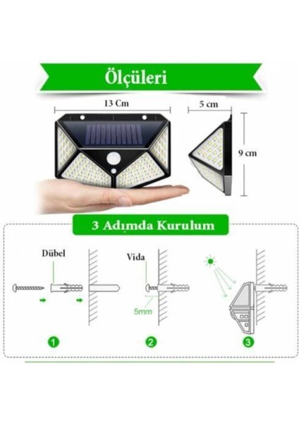 Bahçe Aydınlatması Güneş Enerjili Lamba LED Sokak Dış Ortam Solar Su Geçirmez Sensörlü (100 Led)