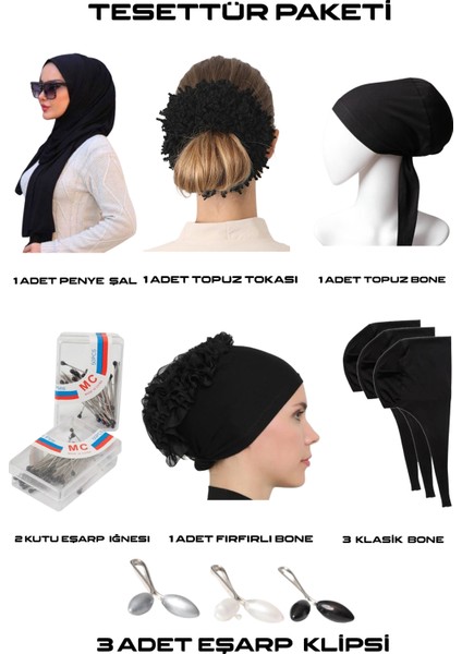 Tesettür Paketi 12 Parça ( Penye Şal,topuz Tokası ,dikişli Bone, Fırfırlı Bone ,eşarp Iğnesi ,klips . Fırfırlı Toka ) fiyatları