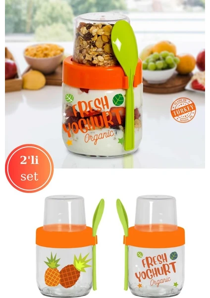 2'Li Kaşıklı Cam Müsli Kabı Seti, Meyve Yoğurt Yulaf Müsli Granola Diyet Saklama Kabı 425ml X 2 Adet