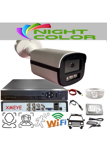 1 Kameralı Araç Yüz Insan ve Hareket Algılayan 5 Mp Lens 1080P Gece Renkli Gösteren Plastik Kasa Güvenlik Kamerası Seti 303W