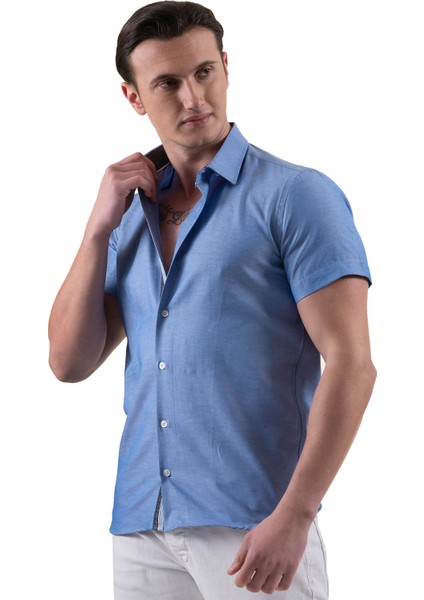 Mavi Yaka ve Göğüs Içi Puantiye Detaylı Oxford Pamuk Slim Fit Kısa Kollu Yazlık Gömlek modelleri