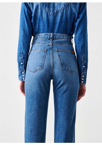 SARAH Slim Straight Fit Yüksek Bel Orta İndigo Kadın Jean Pantolon