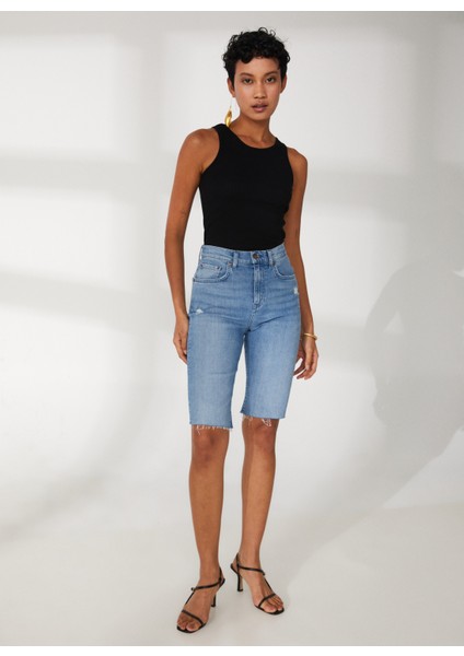 Yüksek Bel Slim Fit Indigo Kadın Denim Şort DTK337 Slim Fit Yüksek Bel Orta Ind fiyatları