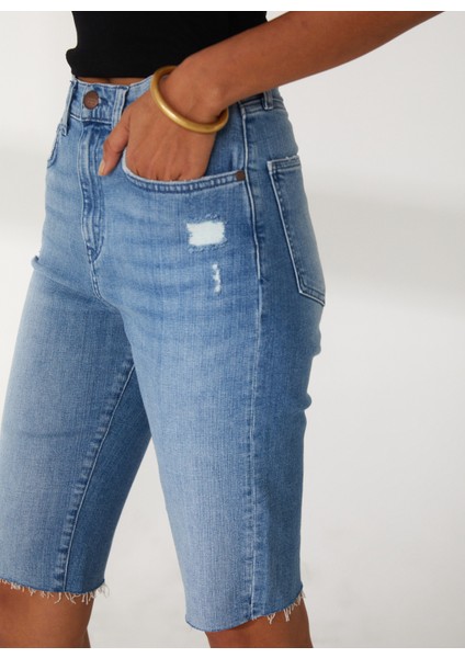 Yüksek Bel Slim Fit Indigo Kadın Denim Şort DTK337 Slim Fit Yüksek Bel Orta Ind fırsatları