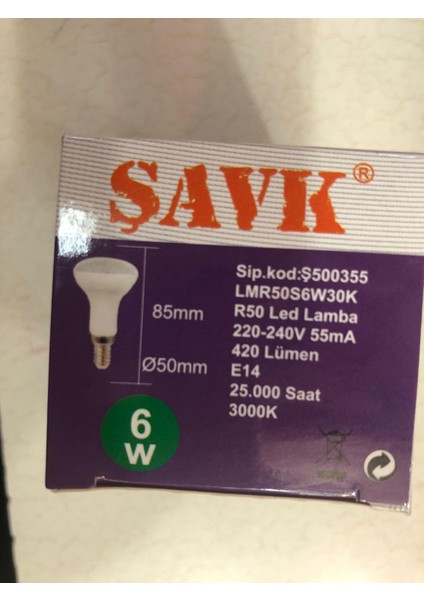 5 Adet Şavk R50 LED Spot 6W=35W 420 Lümen 3000 Kelvin Sarı