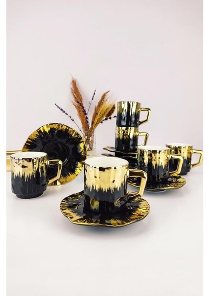 Kosova Porselen 6’lı Kahve Fincan Takımı Siyah Gold - KGP-095