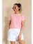 Kadın Pembe Beyaz Çizgili Basic T-Shirt 2