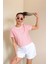 Kadın Pembe Beyaz Çizgili Basic T-Shirt 4