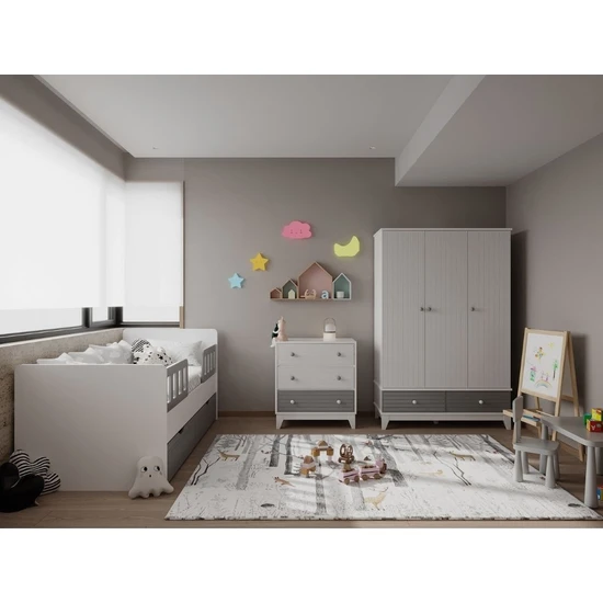 İlknur Bebe Viyana Gri Bebek Çocuk Odası Takımı - 3 Kapılı Dolap + Şifonyer + Yavrulu Karyola Üçlü Set