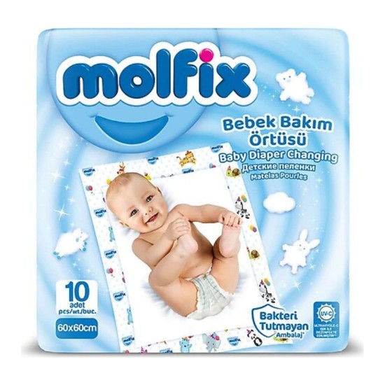 Molfix Bebek Bakım Örtüsü Sıvı Geçirmez Hafif Yapı 10 Adet 60x60 cm Renkli Tasarım