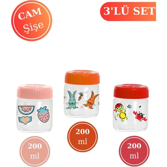 Flosoft Bebek Cam Mama Yoğurt Kavanozu Kapaklı 3’Lü Set 200 Ml X 3 Adet