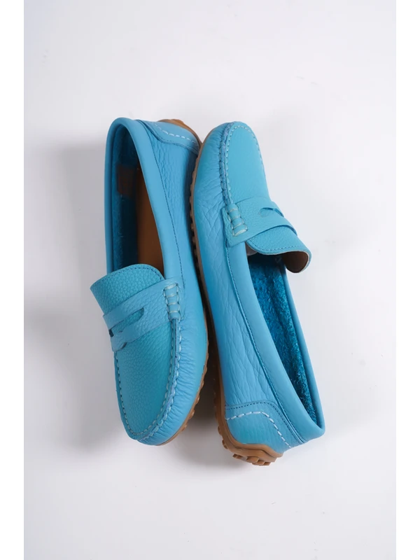 Mubiano 202-M Hakiki Deri Oval Burunlu Kadın Mavi Babet & Loafer Ayakkabı