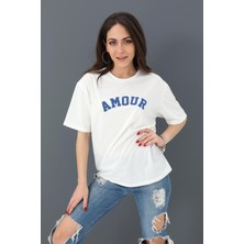 Fergolli T-Shirt Bisiklet Yaka Amour Baskılı - Mavi