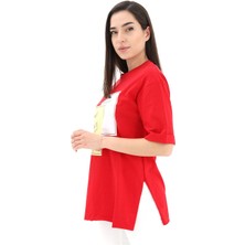 Vapur Bisiklet Yaka Yüz Basklı T-Shirt - Kırmızı