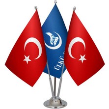 Satürn Design Masa Üstü Ülkü Ocakları Bayrağı Türk Bayrağı Üçlü Krom Direk Masa Bayrak Seti