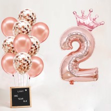 Patladı Gitti Rakam Rose Gold Folyo Balon, Kral Tacı ve Konfetili Rose Gold Balon