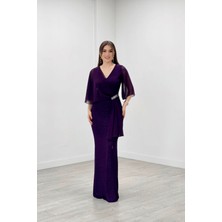 giyimmasalı Simli Kumaş Şifon Şal Detaylı Abiye Elbise - Patlıcan Mor