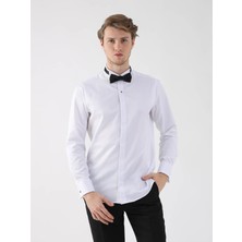 Dufy Beyaz Erkek Slim Fit Düz Ata Yaka Duble Manşetli Kol Gömlek