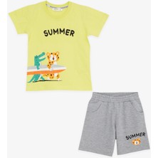 Breeze Girls & Boys Erkek Çocuk Şortlu Takım Yaz Temalı Sörfçü Hayvanlar Baskılı 1-4 Yaş, Sarı