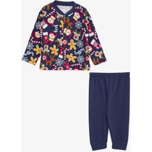 Breeze Erkek Bebek Pijama Takımı Kurabiye Desenli Yılbaşı Temalı 4 Ay-1 Yaş, Koyu Mavi