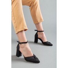 Saten fiyonk Baretli Siyah Büyük Numara Kadın Ayakkabısı Topuklu