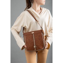 Cilt 2 Bölmeli Kapaklı Fermuarlı Taba Vizon Kadın Omuz Çantası