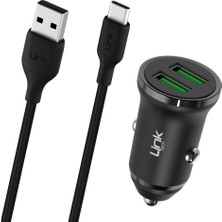 Linktech C483E 12W 2x USB + Type-C USB Kablo Araç Içi Şarj Aleti Set Siyah