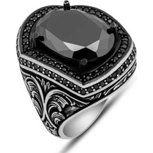 Stil Love Gümüş Siyah Zirkon Taşlı Oval Erkek Yüzük