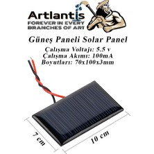 Artlantis Güneş Paneli Solar Panel 7X10 cm 5.5 Volt 100 Ma 1 Adet Güneş Enerjisi Okul Sınıf Deney Çalışmaları