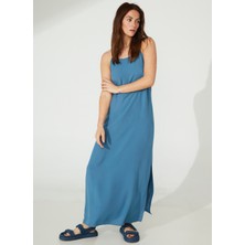 People By Fabrika Kare Yaka Düz Indigo Maksi Kadın Elbise Harlem