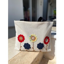 Pine Kırmızı, Sarı, Lacivert Çiçek Bahçesi Krem Bez Omuz Çantası