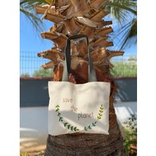 Pine Save Planet Nakışlı ham keten omuz Çantası