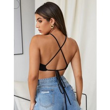 Liona Kadın Siyah Renk Sırtı Açık Bağcıklı Sütyen Stil Super Crop Halter Bluz