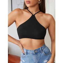 Liona Kadın Siyah Renk Sırtı Açık Bağcıklı Sütyen Stil Super Crop Halter Bluz