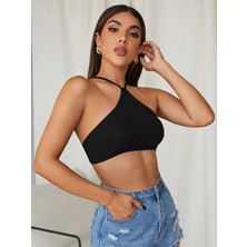 Liona Kadın Siyah Renk Sırtı Açık Bağcıklı Sütyen Stil Super Crop Halter Bluz