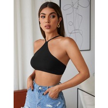 Liona Kadın Siyah Renk Sırtı Açık Bağcıklı Sütyen Stil Super Crop Halter Bluz