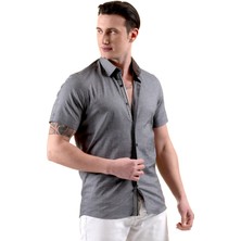 Exve Exclusive Gri Yaka ve Göğüs Içi Detaylı Oxford Pamuk Slim Fit Kısa Kollu Yazlık Gömlek