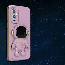 MTK Moveteck One Plus 9 Uyumlu Kılıf Yatay ve Dikey Standlı Astronot Tutacaklı Sevimli Parlak Gold Altın Kenarlı Şeritli Tam Korumalı 9d