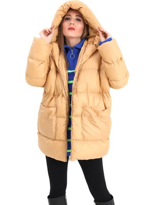 Anjea Kapüşonlu Kısa Oversize Şişme Mont - Vizon
