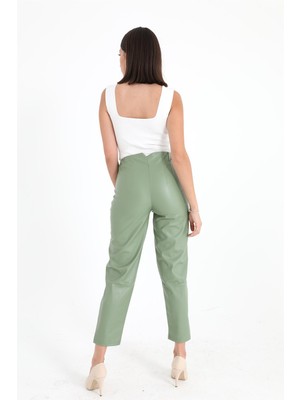 Anjea Pensli Yüksek Bel Deri Pantolon - Mint Yeşili