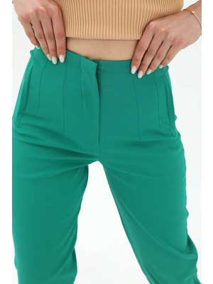 Anjea Yüksek Bel Pensli Atlas Kumaş Pantolon - Yeşil