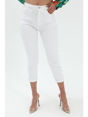 Anjea Yüksek Bel Likralı Mom Jeans - Beyaz