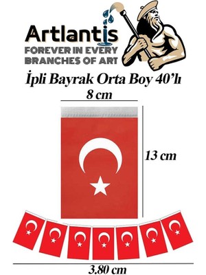 Artlantis Ipli Bayrak Orta Boy 40'lı 8X13CM 1 Paket Türk Bayrağı Kağıt Ipli Sıralı Ayyıldız Bayrak Sınıf Süsü Okul Bayram