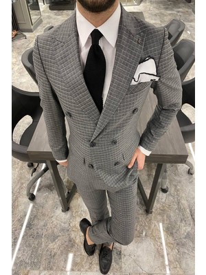 Fc Plus Kendi Desenli Kruvaze Gri Takım Elbise Erkek Basic Fit Model 48 Beden