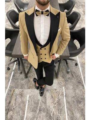 Fc Plus  Damatlık Yelekli Bej Takım Elbise