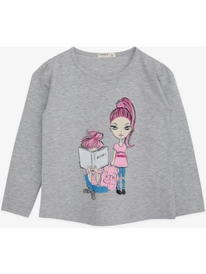 Breeze Kız Çocuk Uzun Kollu Tişört Kız Bakılı 4-9 Yaş, Gri Melanj