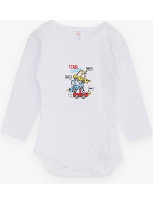 Breeze Erkek Bebek Çıtçıtlı Body Araba Baskılı 9 Ay-3 Yaş, Beyaz