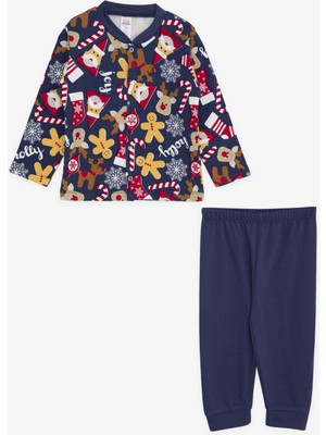 Breeze Erkek Bebek Pijama Takımı Kurabiye Desenli Yılbaşı Temalı 4 Ay-1 Yaş, Koyu Mavi